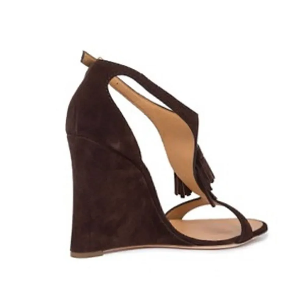 New DSQUARED 2 Women US 10 Shoes Brown Suede High Heel Wedge T-Strap Sandals
